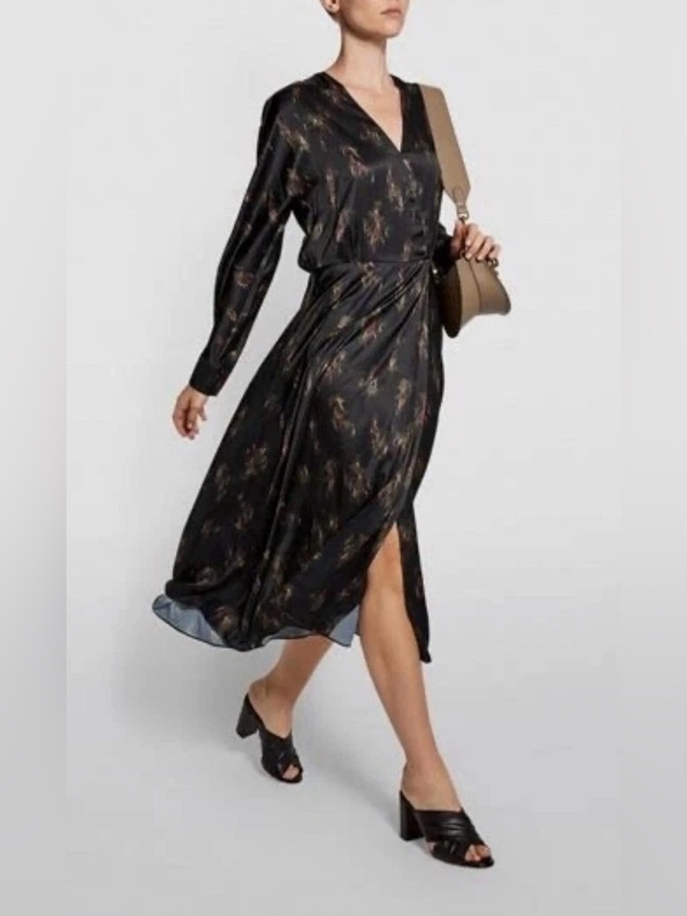 Vince Wisteria Floral Faux Wrap Midi Dress XS Black Long Sleeve